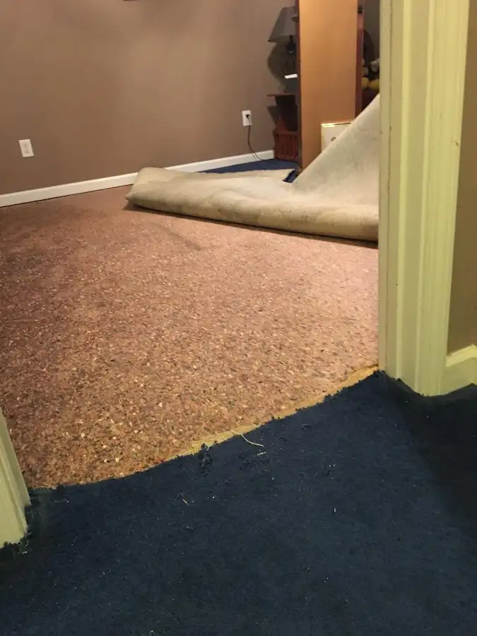 Carpet pad removal revealing water damage during Water Mitigation Services in Denair